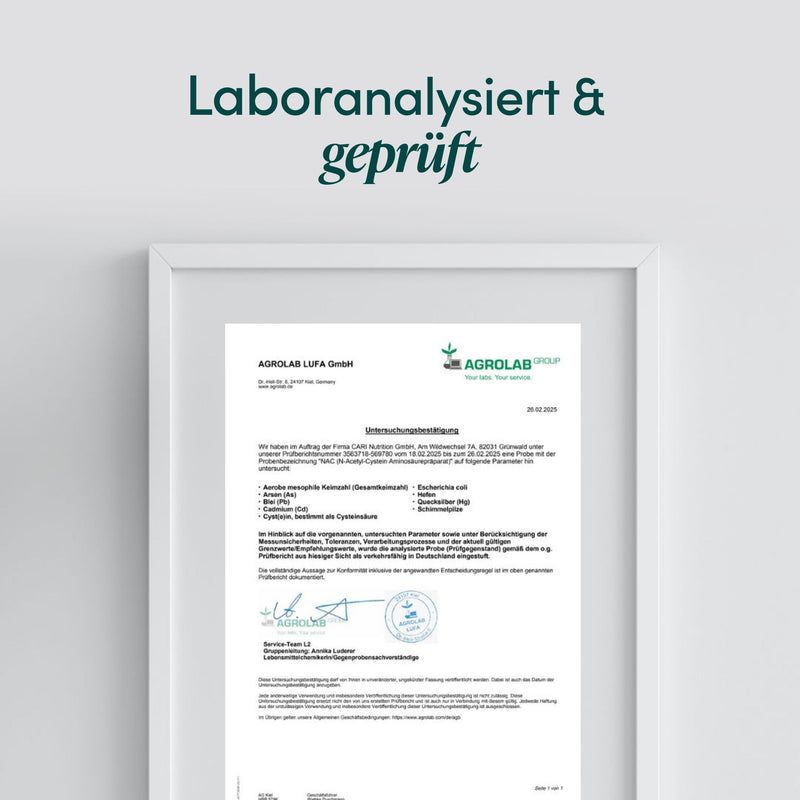 Laboranalysiert & geprüft Zertifikat von Agrolab Group für N-Acetyl-Cystein.
