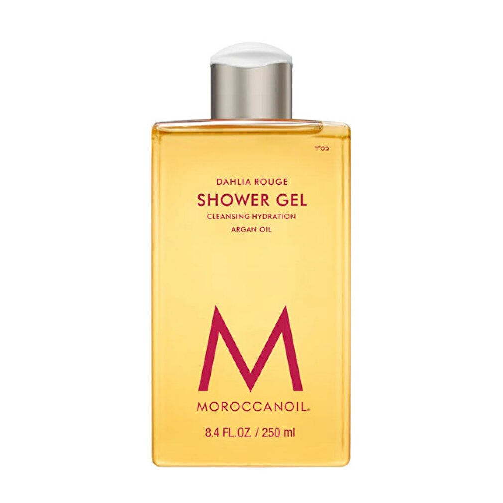 Duschgel-Flasche mit gelbem Inhalt. Aufschrift: Dahlia Rouge, Shower Gel, Cleansing Hydration, Argan. Logo: M. Marke: Moroccanoil.