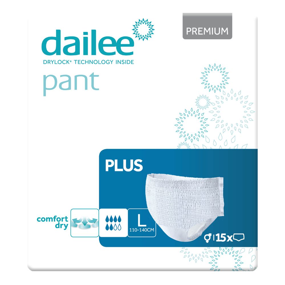 Verpackung Dailee Pants Plus Inkontinenz Windelhosen. Größe L, 110-140cm. 15 Stück. Premium-Qualität.