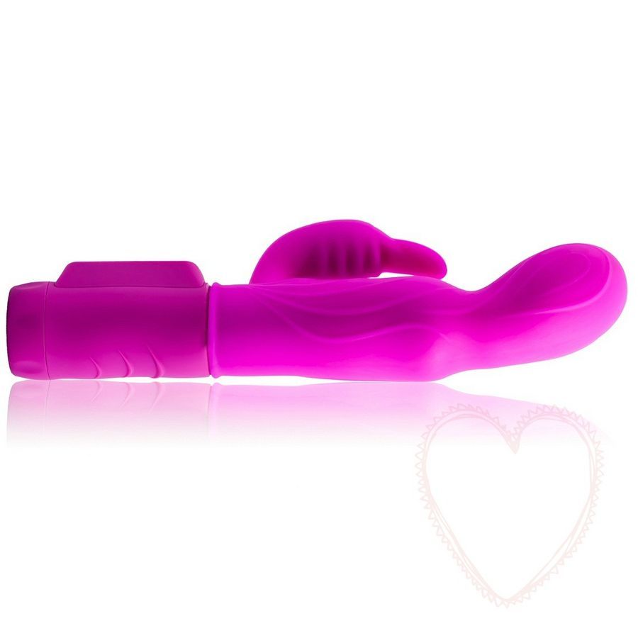 Lila Vibrator mit gebogener Form. Oberteil mit einer erhabenen Struktur. Auf weißem Hintergrund.