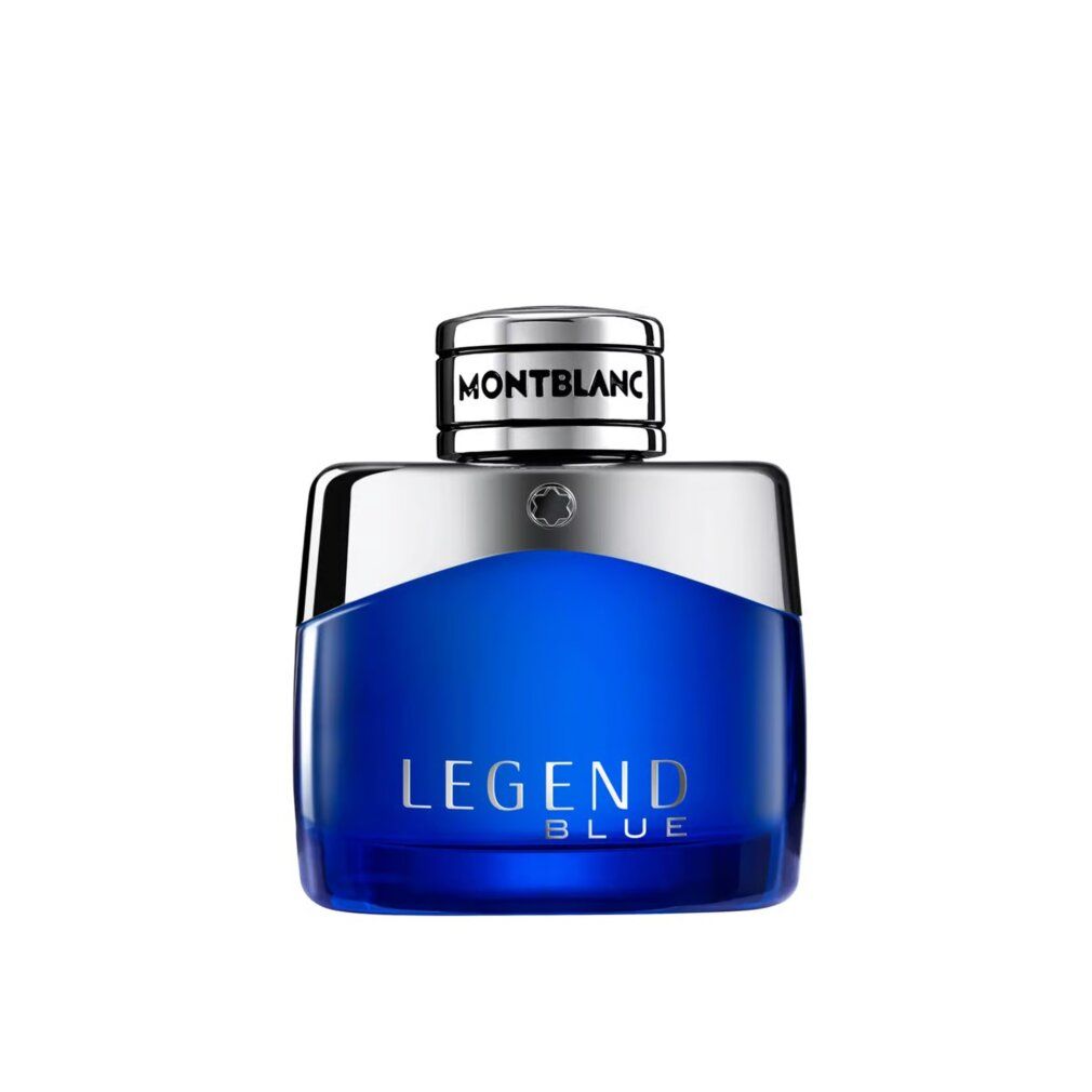 Blauer Flakon mit silbernem Deckel. Aufschrift LEGEND BLUE und MONTBLANC. EdP Nat. Spray.