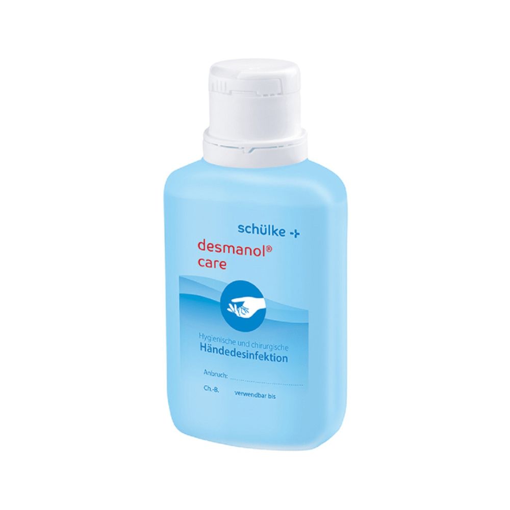 Hellblaue Flasche mit weißem Deckel. Beschriftung: Schülke desmanol care, Händedesinfektion. Abbildung einer Hand.