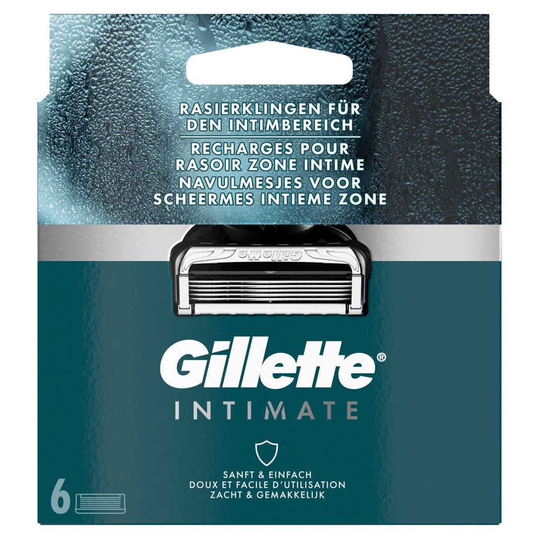 Verpackung mit Gillette Intimate Rasierer-Klingen. Sechs Ersatzklingen, Produktname und Logo sichtbar.