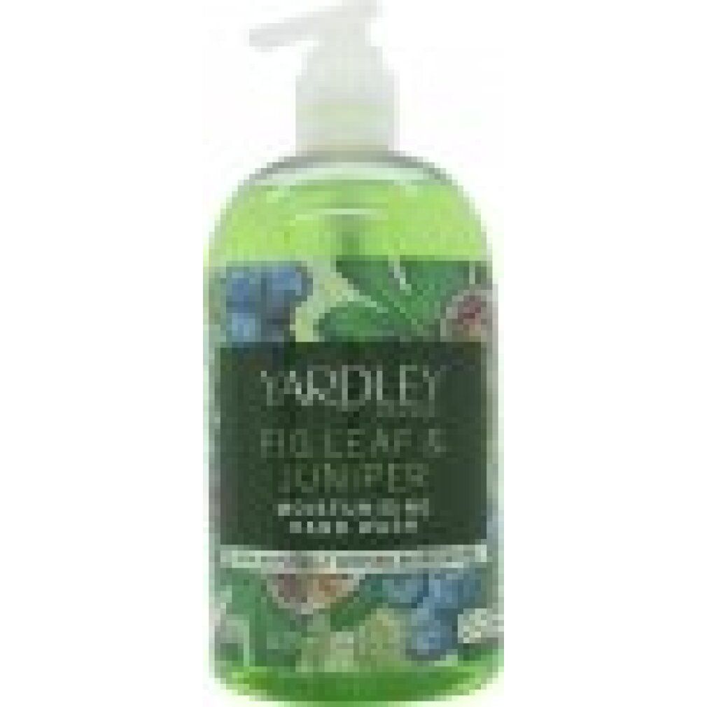 Grüne Flüssigseife mit Pumpe. Aufschrift: Yardley London, Fig Leaf & Juniper, Moisturising Hand Wash.