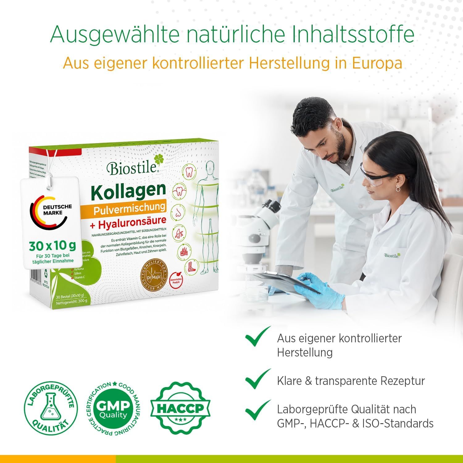 Biostile Kollagen Pulvermischung + Hyaluronsäure Packung. 30x10g. Laborgeprüfte Qualität.