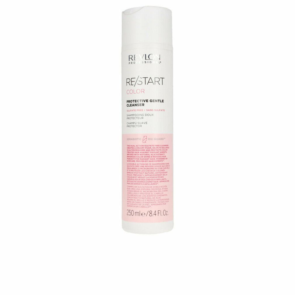 Weiße Flasche mit Revlon Re-Start Color Protective Gentle Cleanser. Rosa Etikett mit Text. 250 ml.