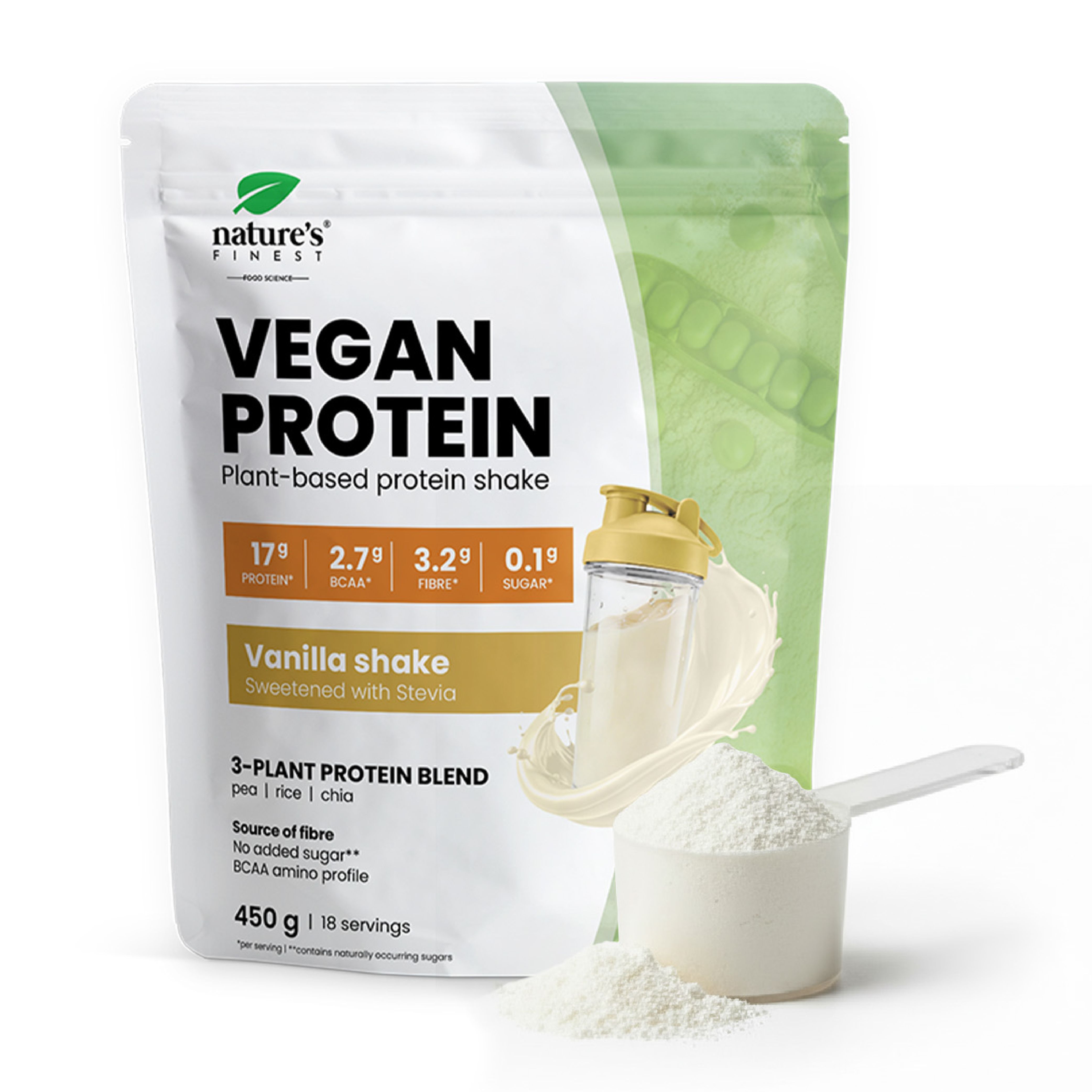 Nature's Finest Vegan Protein Shake, Vanille-Geschmack, 450g Beutel mit Messlöffel und Pulver.