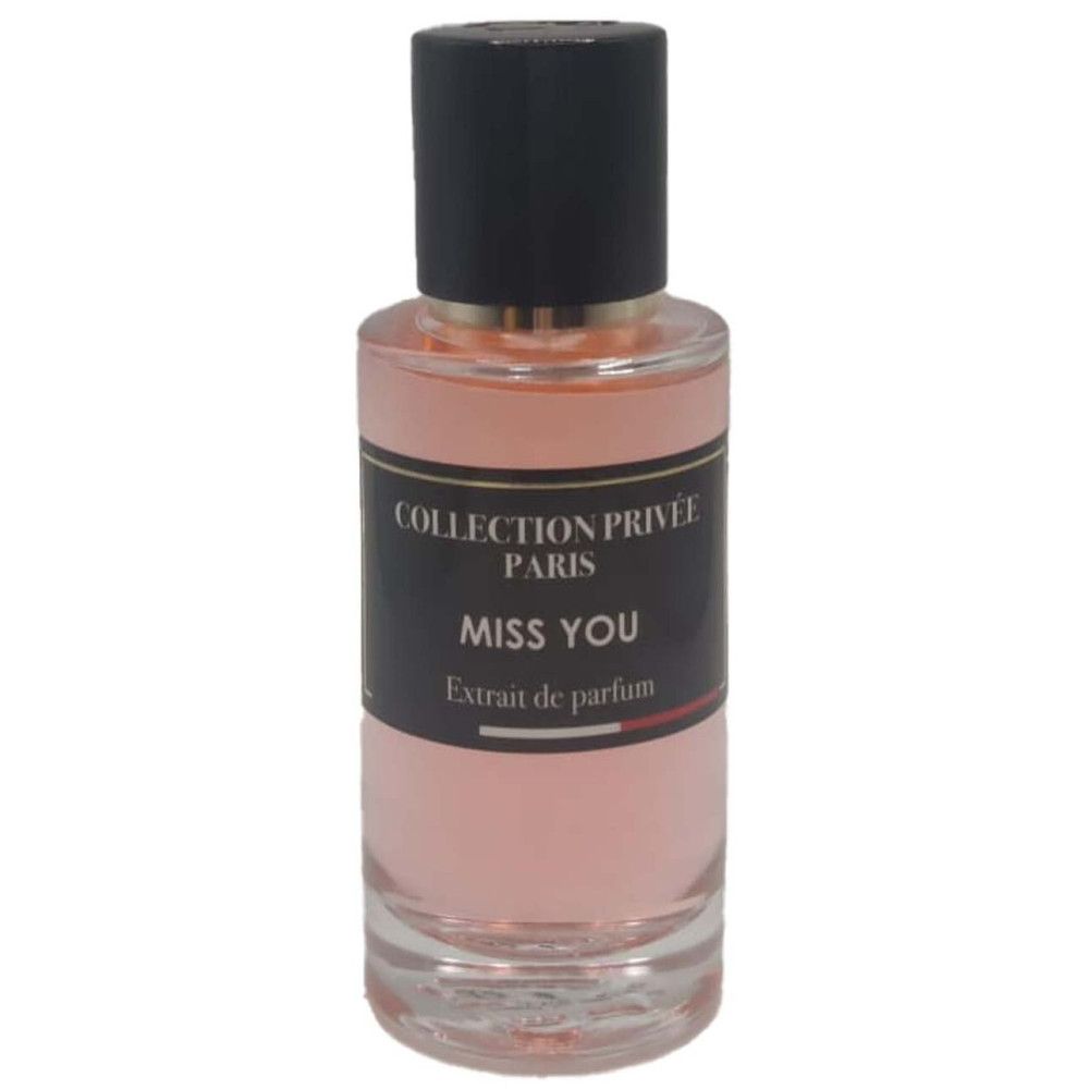 Parfumextrakt-Flakon. Schwarzer Deckel, schwarzes Etikett mit weißer Schrift: COLLECTION PRIVÉE PARIS, MISS YOU, Extrait de parfum.
