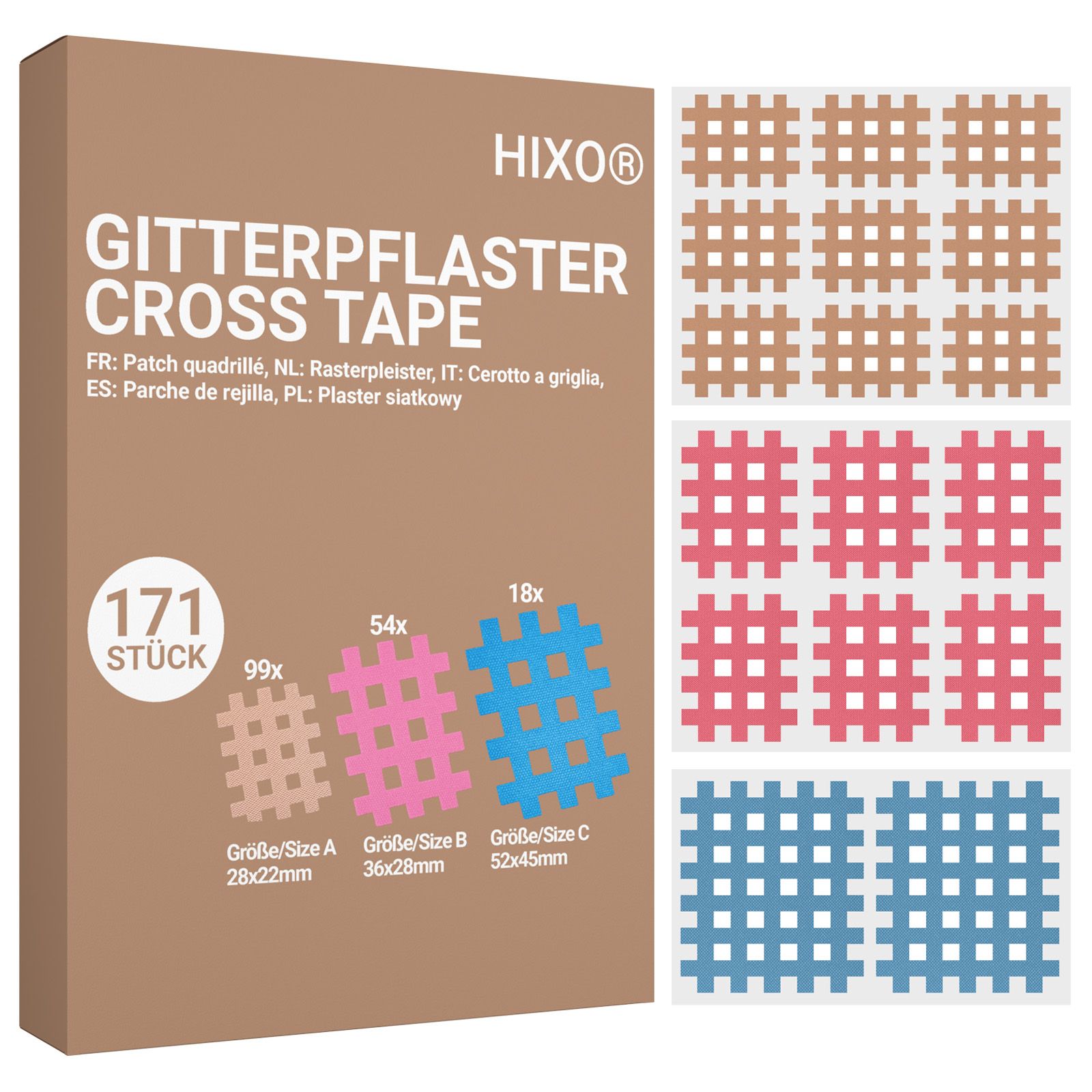 HIXO Gitterpflaster Cross Tape Packung mit 171 Stück in drei Größen: 28x22mm, 36x28mm, 52x45mm.