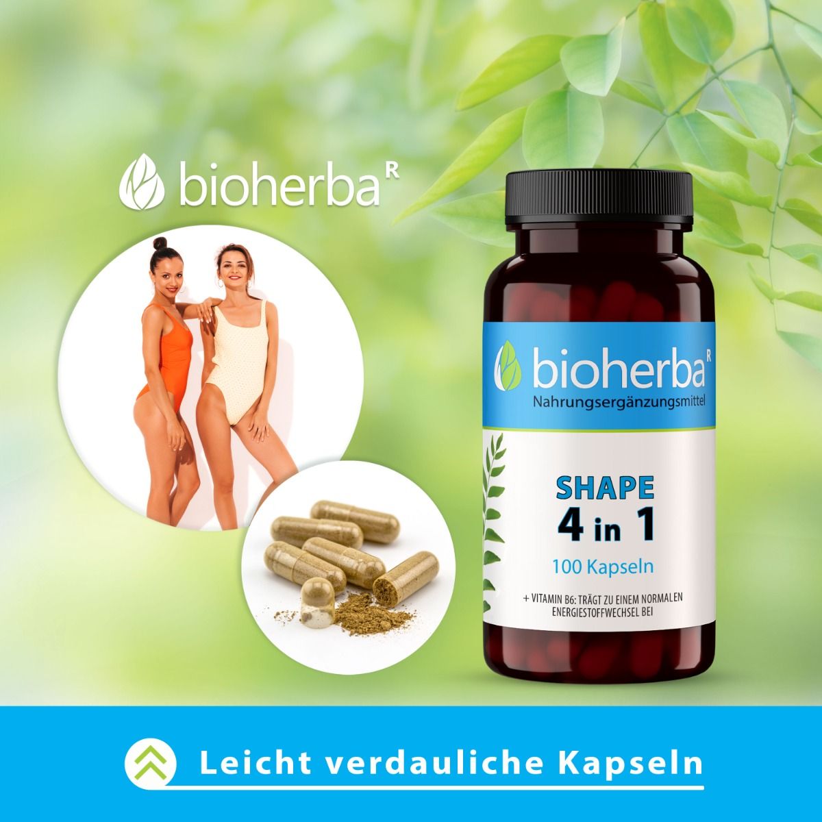 Braune Flasche mit Kapseln. Aufschrift: Bioherba Shape 4 in 1, 100 Kapseln. Zwei Frauen im Badeanzug. Kapseln daneben.