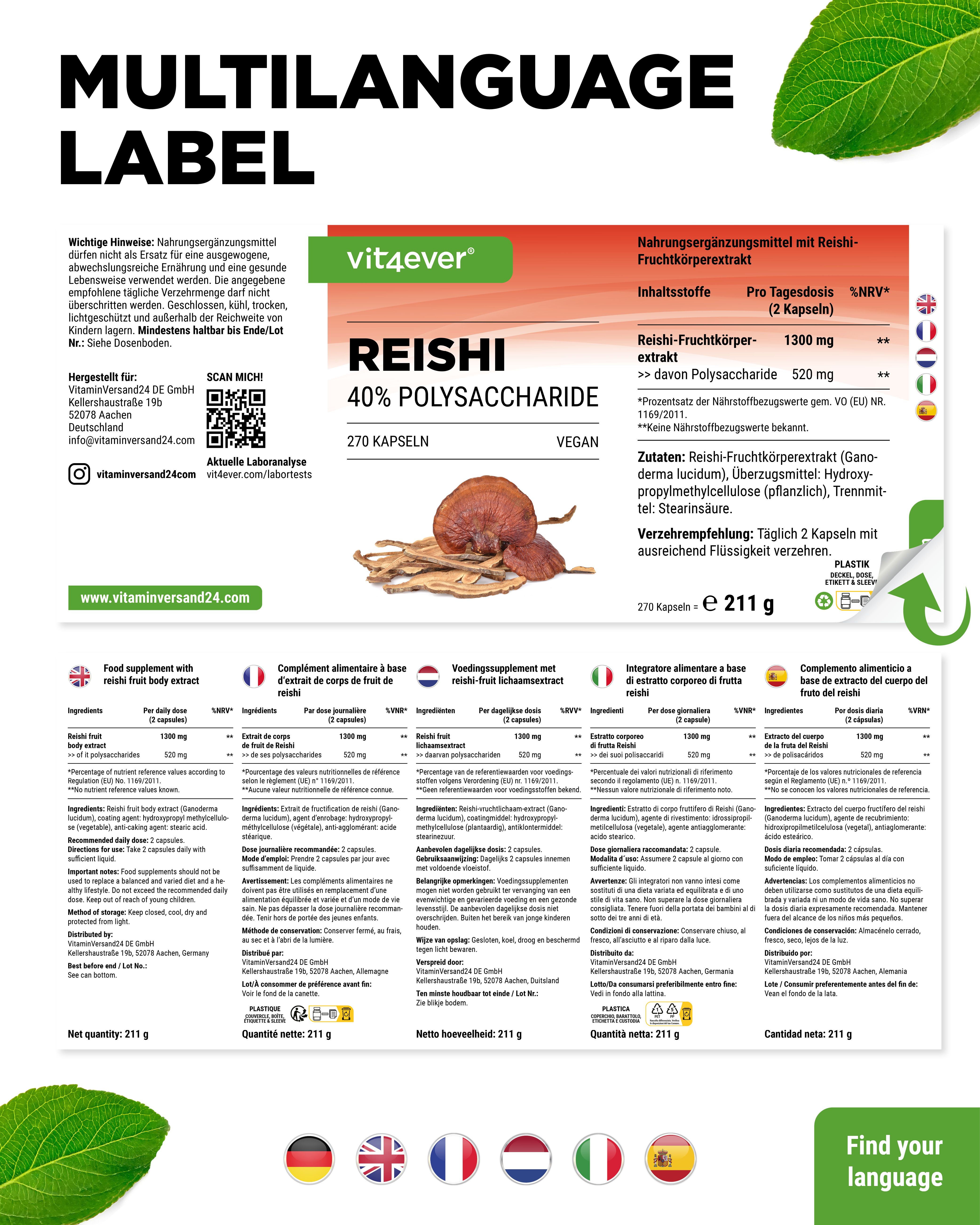 Mehrsprachiges Etikett. Flasche mit grüner Kappe. Aufschrift: vit4ever, Reishi 40% Polysaccharide, 270 Kapseln. Infos.