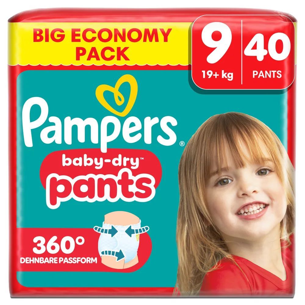 Pampers Baby-Dry Pants, Big Economy Pack, 9-40 kg, 40 Stück. 360° dehnbare Passform.