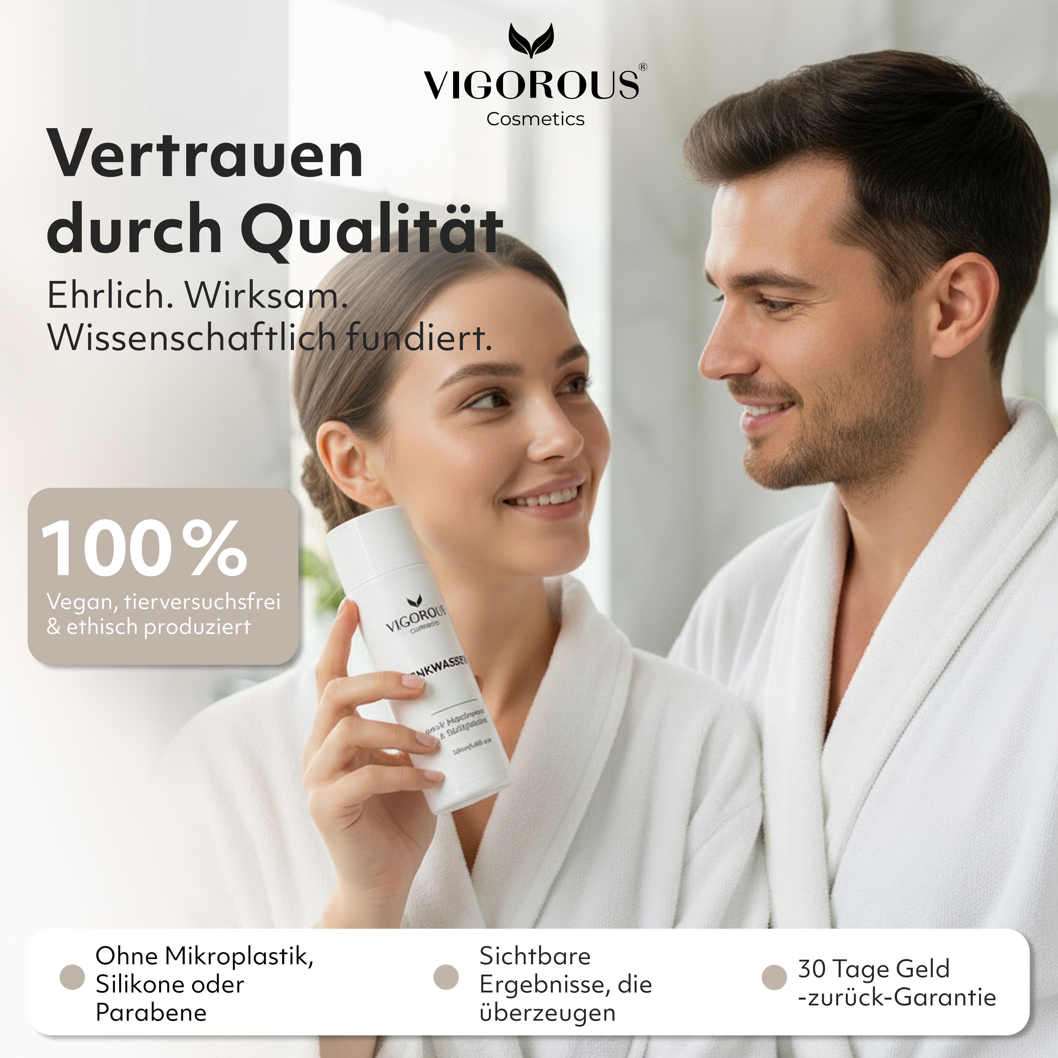 Mann und Frau halten Zinkwasser-Flasche. Text: Vertrauen durch Qualität. 100% vegan. Ohne Mikroplastik. 30 Tage Geld-zurück-Garantie.