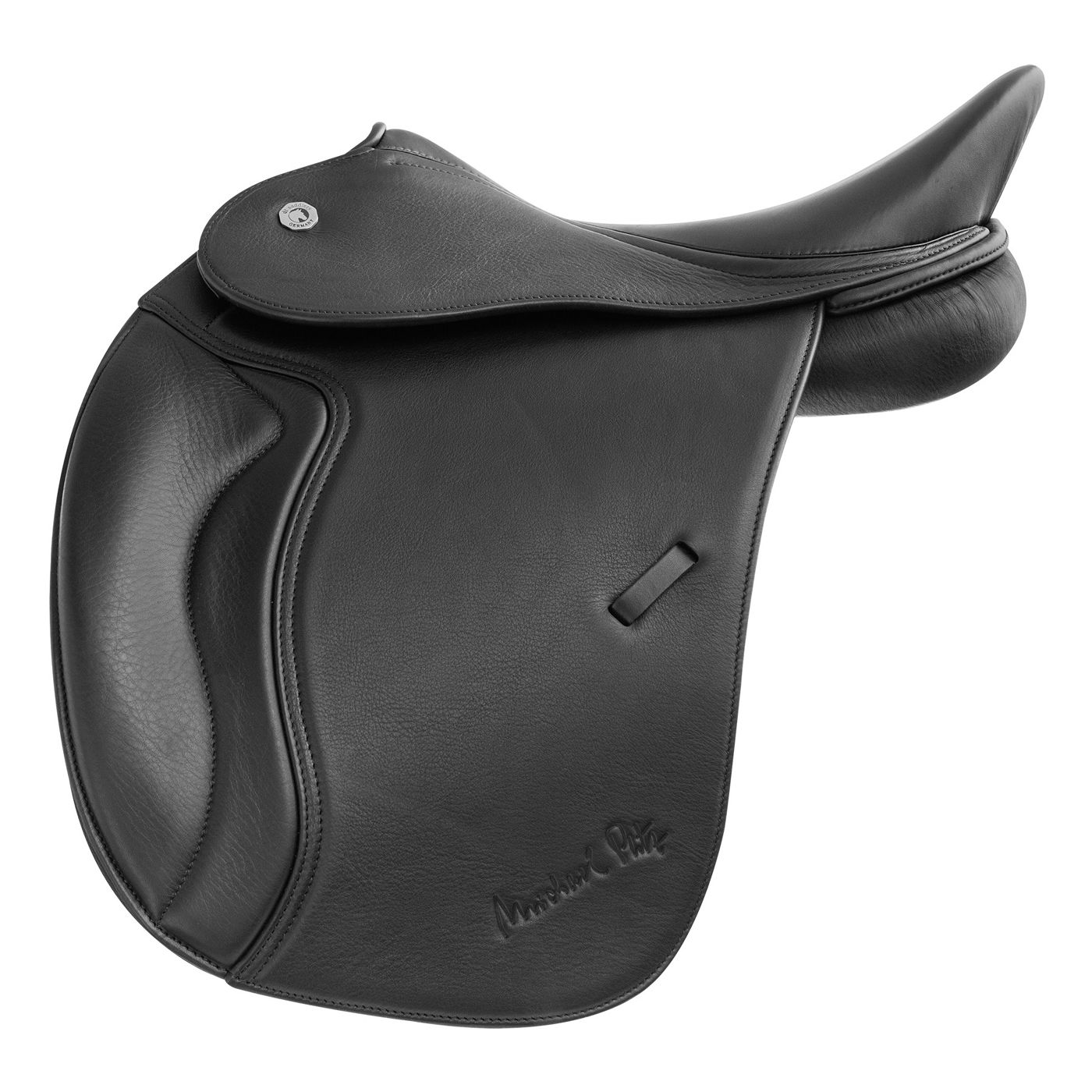 Schwarzer Sattel, Leder, mit geprägtem Schriftzug: Michael Putz.