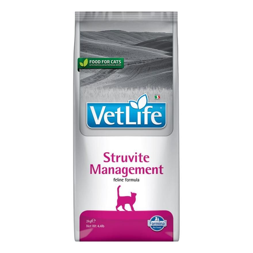 Beutel Trockenfutter VetLife Struvite Management. Logo VetLife, Text Struvite Management, Katze-Silhouette. Farmina-Logo.