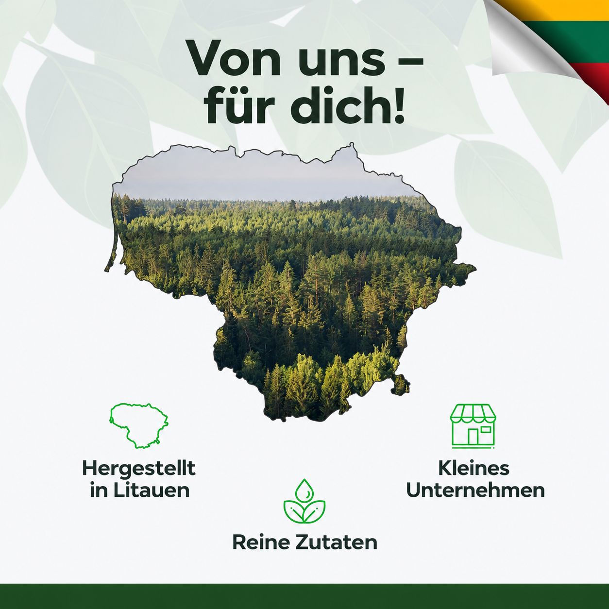 Karte mit der Umrissform Litauens, Wald, und Text 'Von uns - für dich!'.
