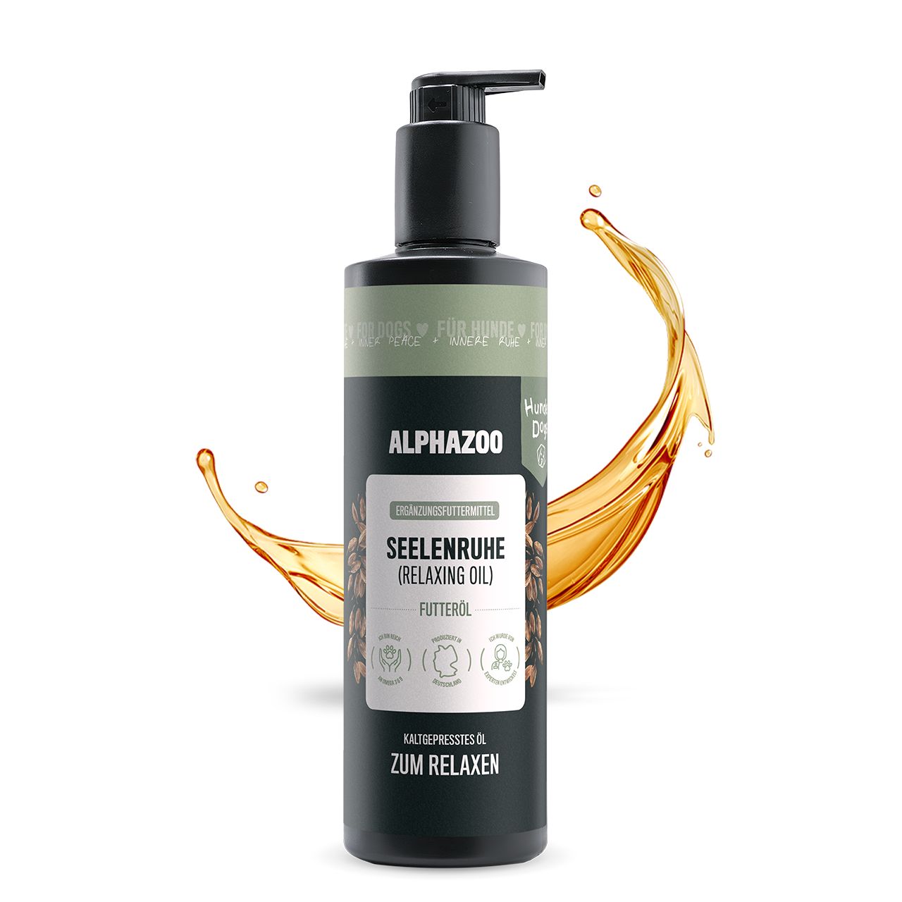 Flasche mit Öl und Dosierpumpe. Text: ALPHAZOO, SEELENRUHE (Relaxing Oil) Futteröl. Kaltgepresstes Öl. Gelber Ölspritzer.