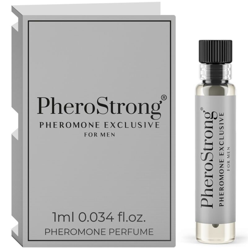 PheroStrong Pheromon Parfüm Exclusive für Männer, 1ml. Enthält eine kleine Glasflasche mit Parfüm und eine Produktkarte.