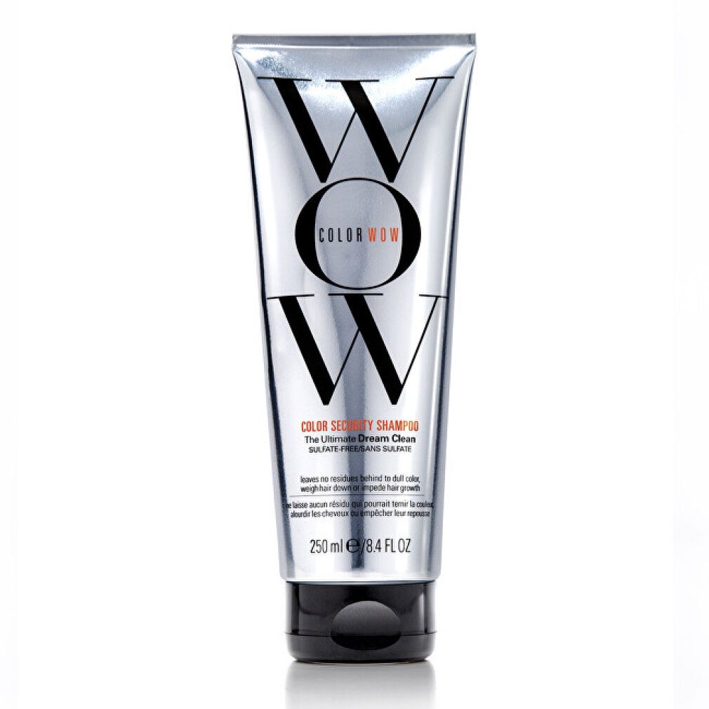 Silberne Tube mit schwarzem Deckel. Aufschrift "WOW COLOR WOW". Text: "COLOR SECURITY SHAMPOO". Volumen: 250 ml / 8.4 FL OZ.