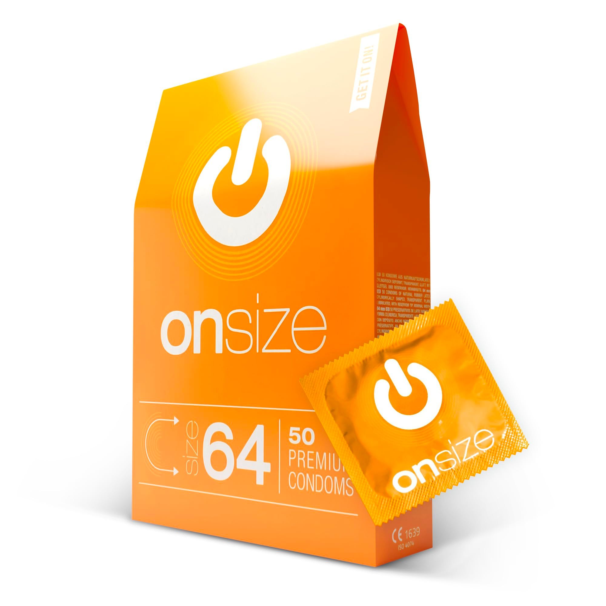 Orange Packung ONsize Kondome 64mm, 50 Stück. Einzelne Kondomverpackung daneben.