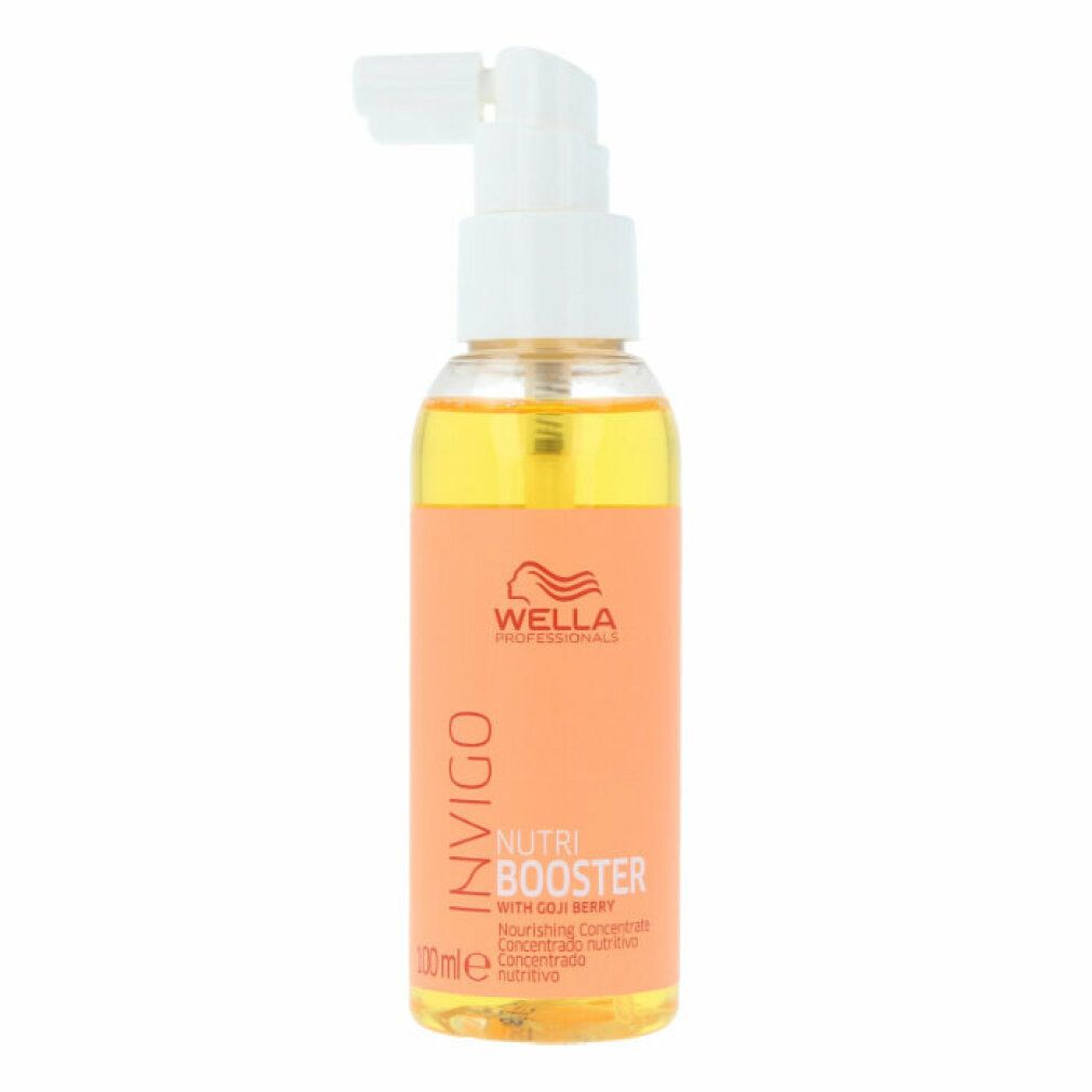 Flasche mit orangefarbenem Etikett. Aufschrift: Invigo Nutri Booster. Mit Goji-Beere. Mit Sprühkopf.