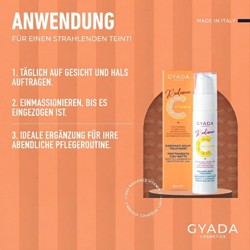 Anwendungshinweise für Gyada Cosmetics Radiance Vitamin C Nachtbehandlung.