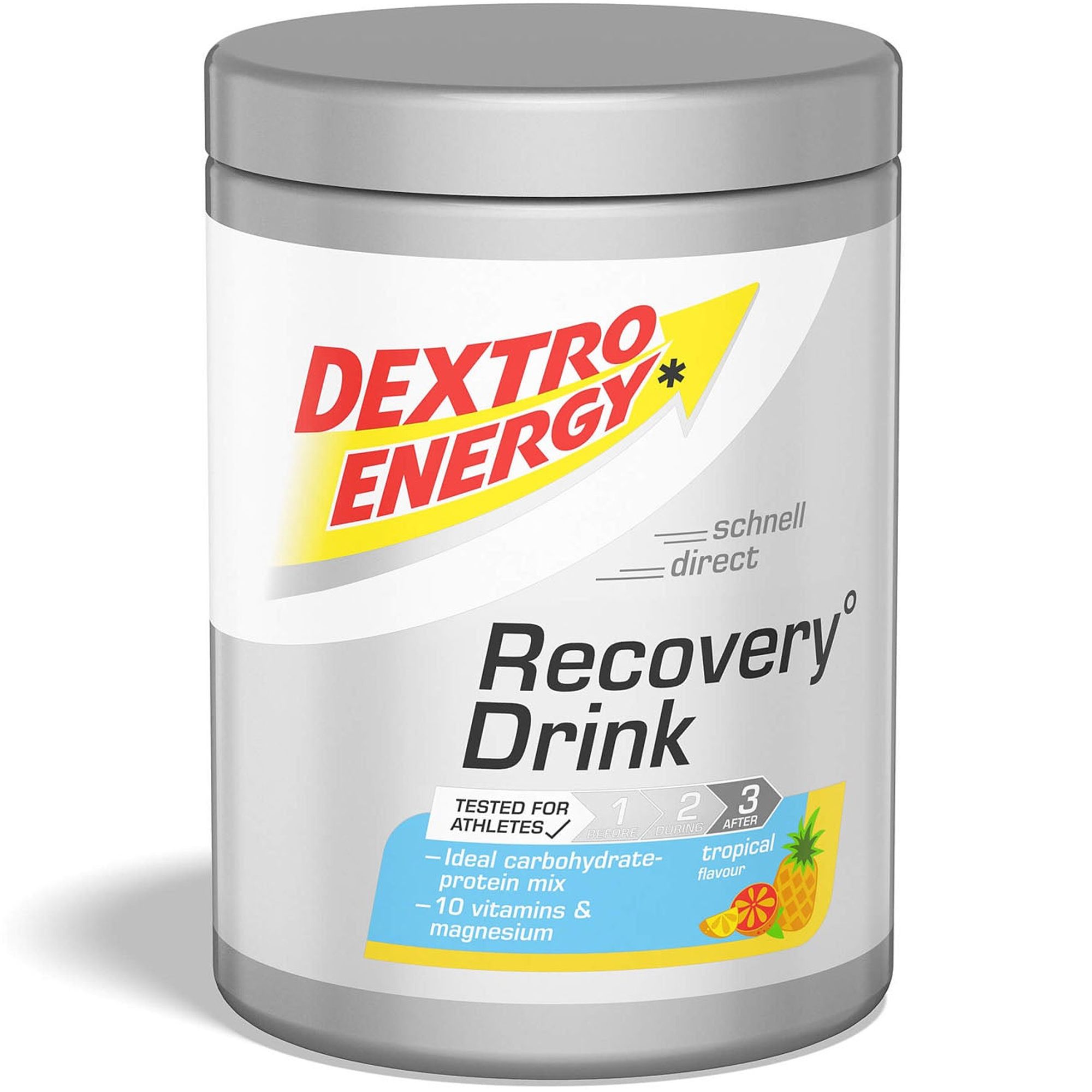 Zylinderförmige Dose mit Deckel. Aufschrift: DEXTRO ENERGY, Recovery Drink. Enthält Vitamine und Magnesium. Tropical-Geschmack.