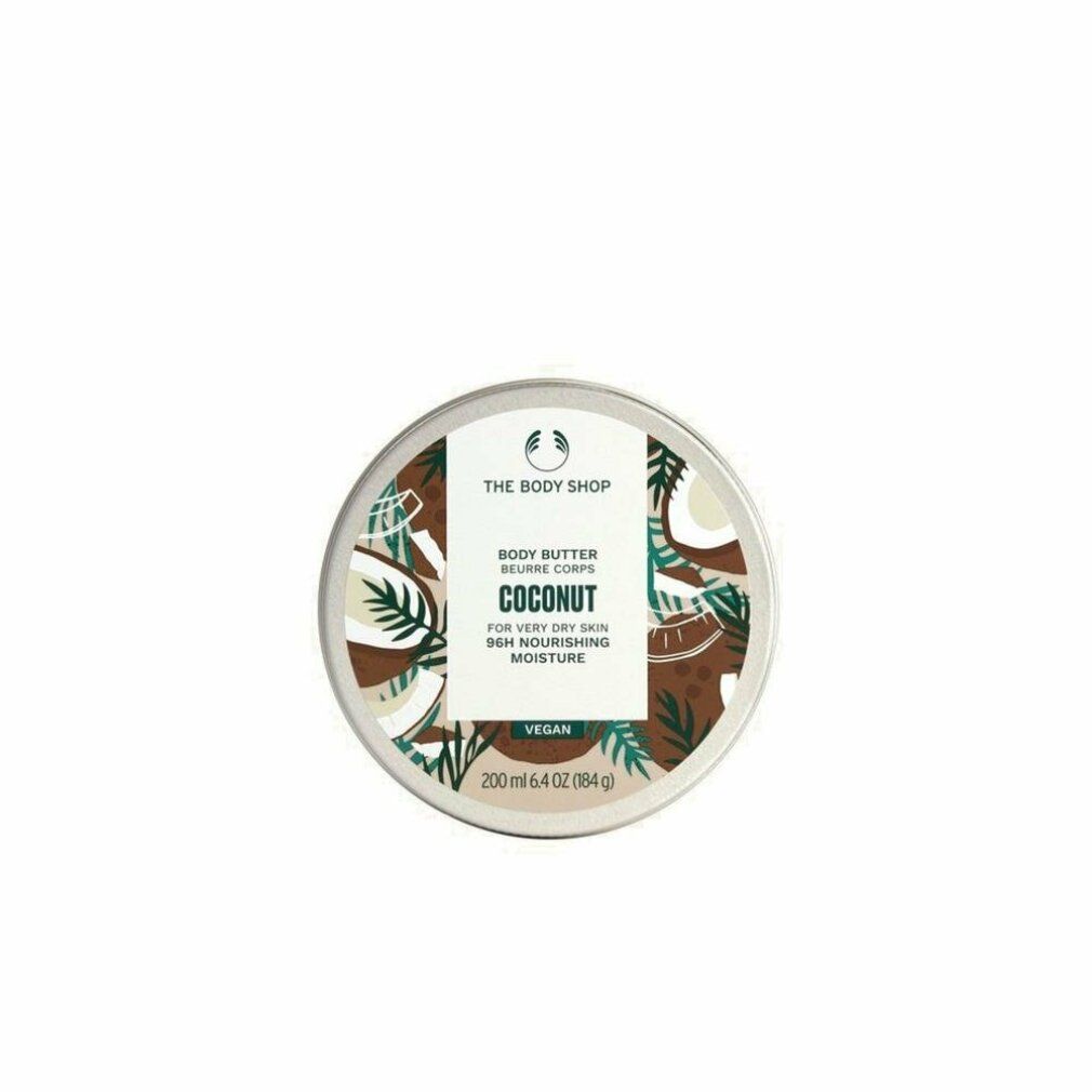 Runde Dose Body Butter, Kokosnuss-Design. Aufschrift: The Body Shop, Body Butter, Kokosnuss, für sehr trockene Haut, vegan. Inhalt: 200 ml.