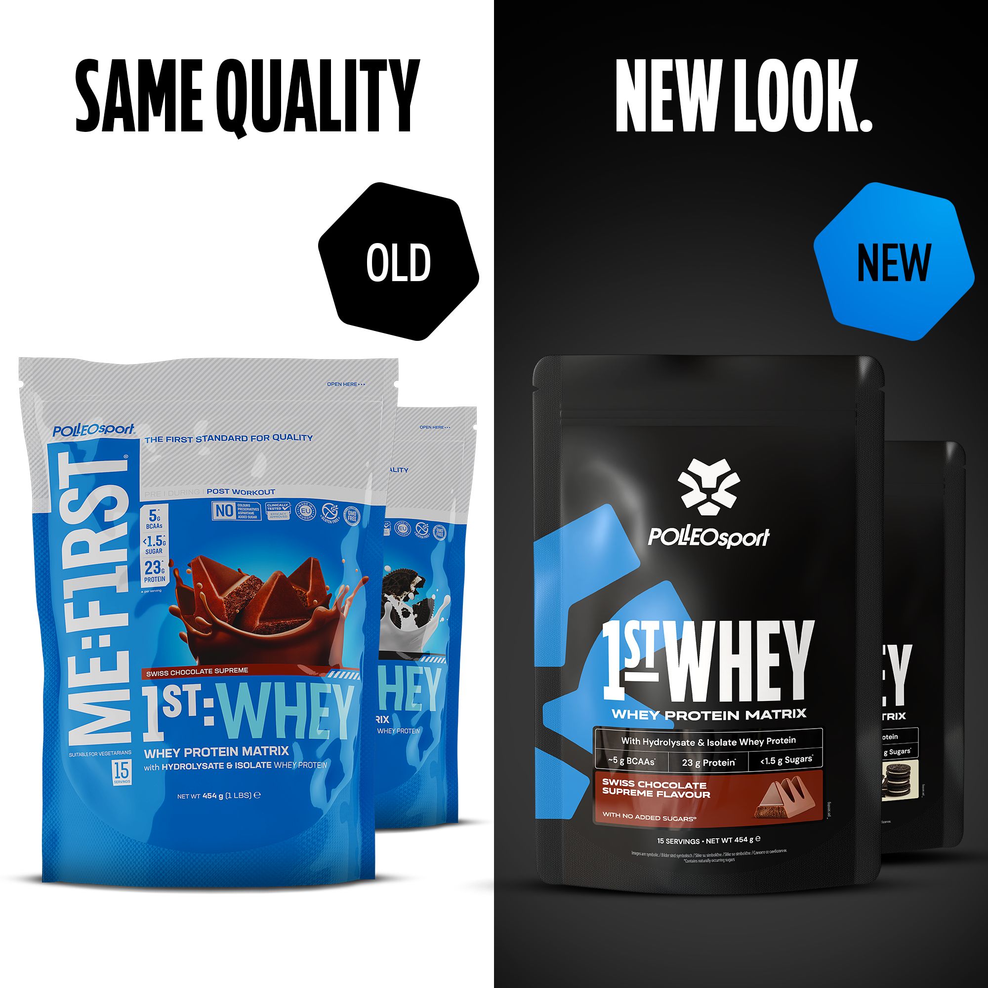 Vergleich: Alte und neue Verpackung von "1ST:WHEY". Links: blaue Tüten. Rechts: schwarze Tüten. Marke: PolleoSport.