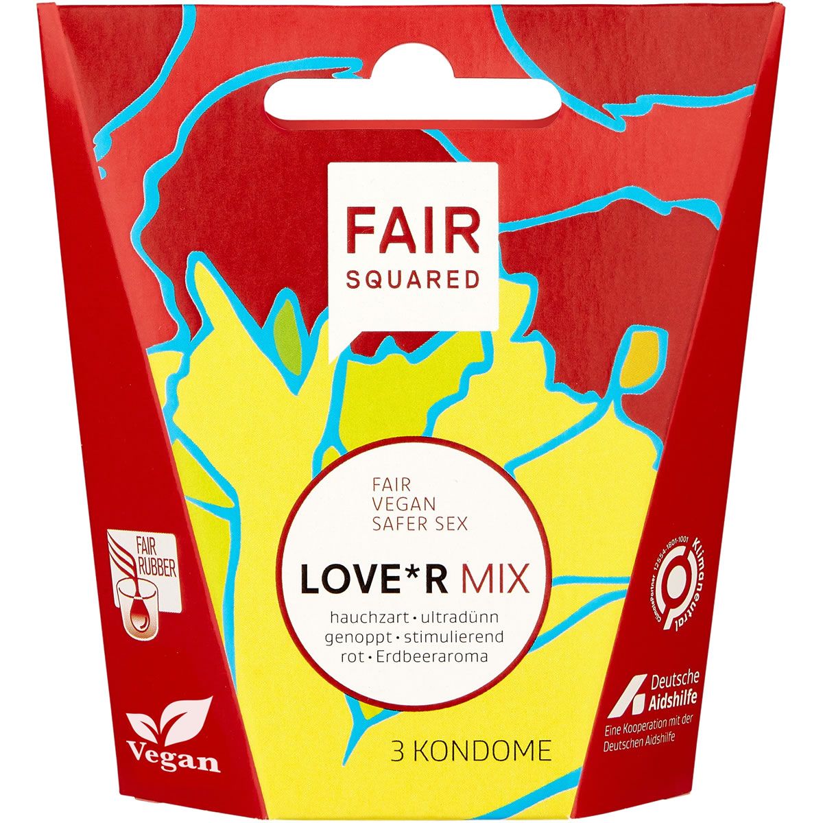 Verpackung von Fair Squared Love*r Mix. Logo, Produktname, 3 Kondome. Vegan-Siegel. Deutsche Aidshilfe-Logo.