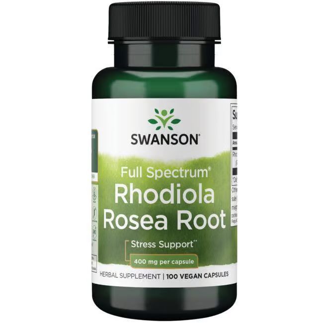 Grüne Flasche mit schwarzem Deckel. Aufschrift: SWANSON Rhodiola Rosea Root, 400 mg pro Kapsel. 100 vegane Kapseln.