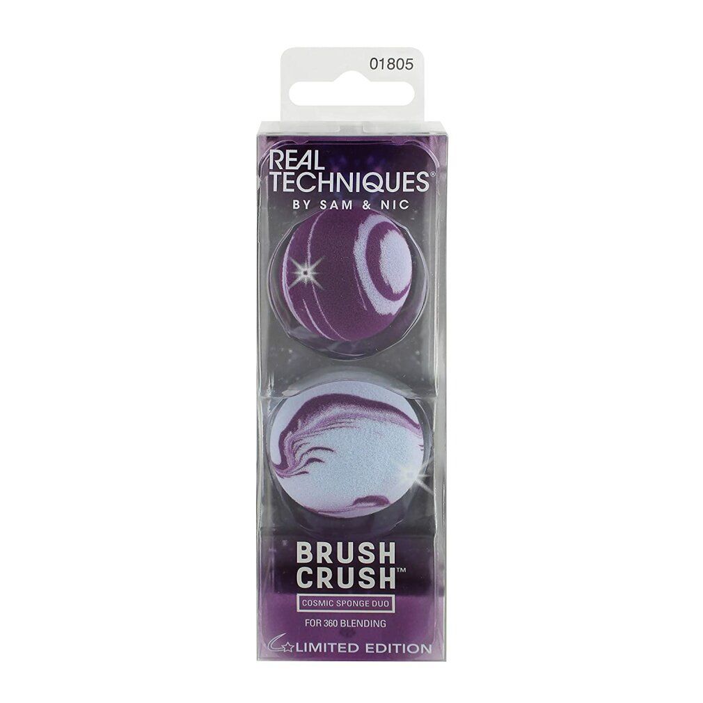 Kosmetiktuch-Duo in Verpackung. Lila und weiß marmorierte Schwämme. Text: Brush Crush, Cosmic Sponge Duo, Limited Edition.