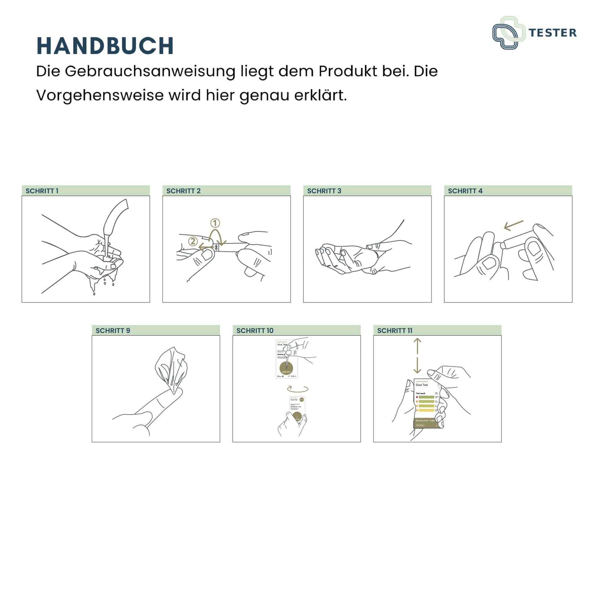 Gebrauchsanweisung für Gicht Selbsttest: 8 Schritte zur Durchführung des Tests.