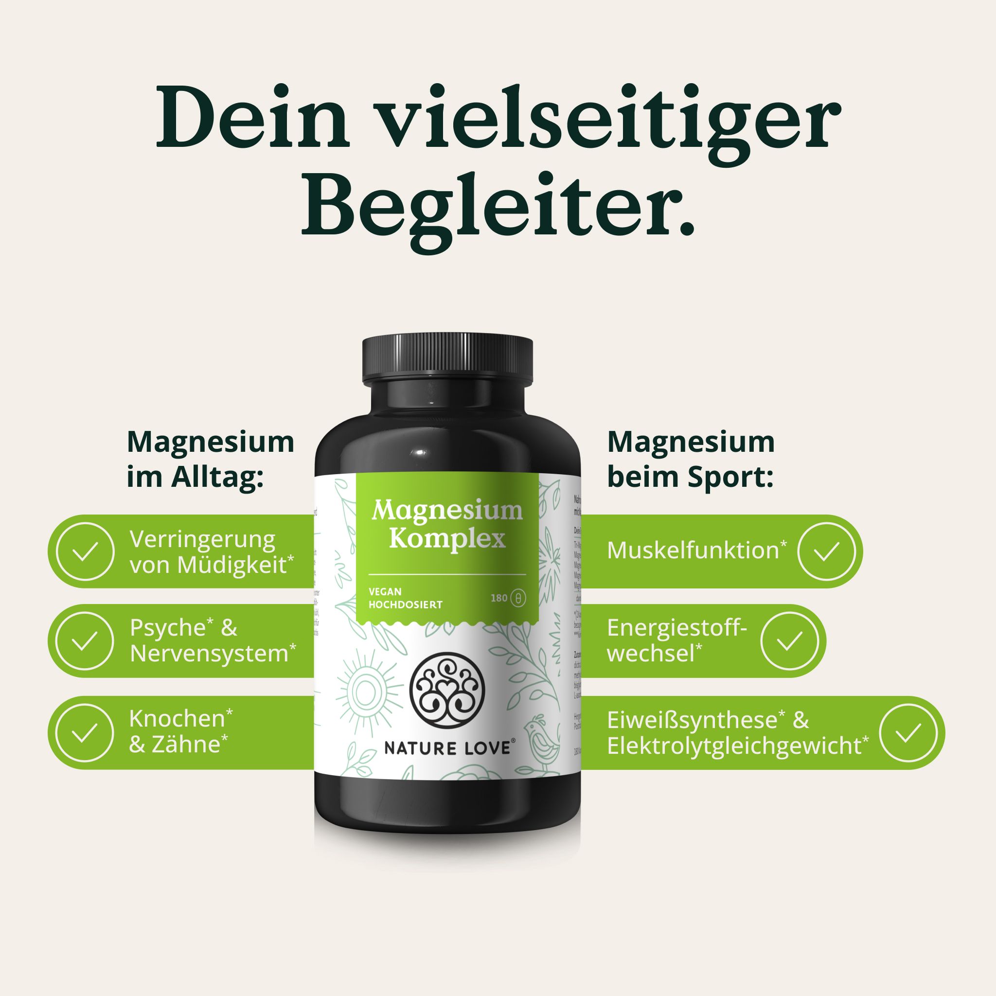 Schwarze Flasche mit Etikett. Magnesium Komplex. Text: Magnesium im Alltag, Magnesium beim Sport. NATURE LOVE® Logo.