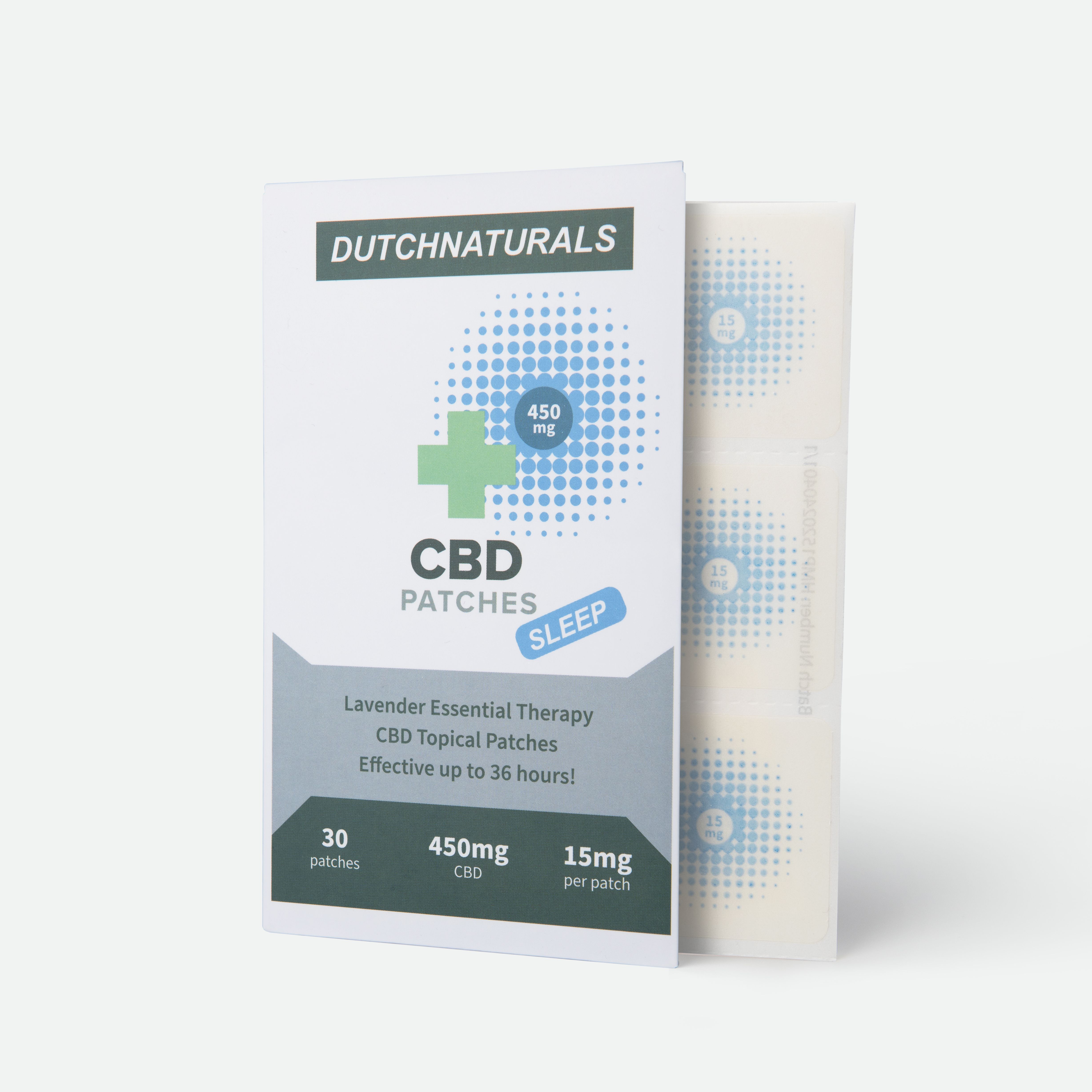 Verpackung mit CBD-Pflastern. Aufgedruckt: Marke, Produktname, Inhaltsstoffe und Menge.