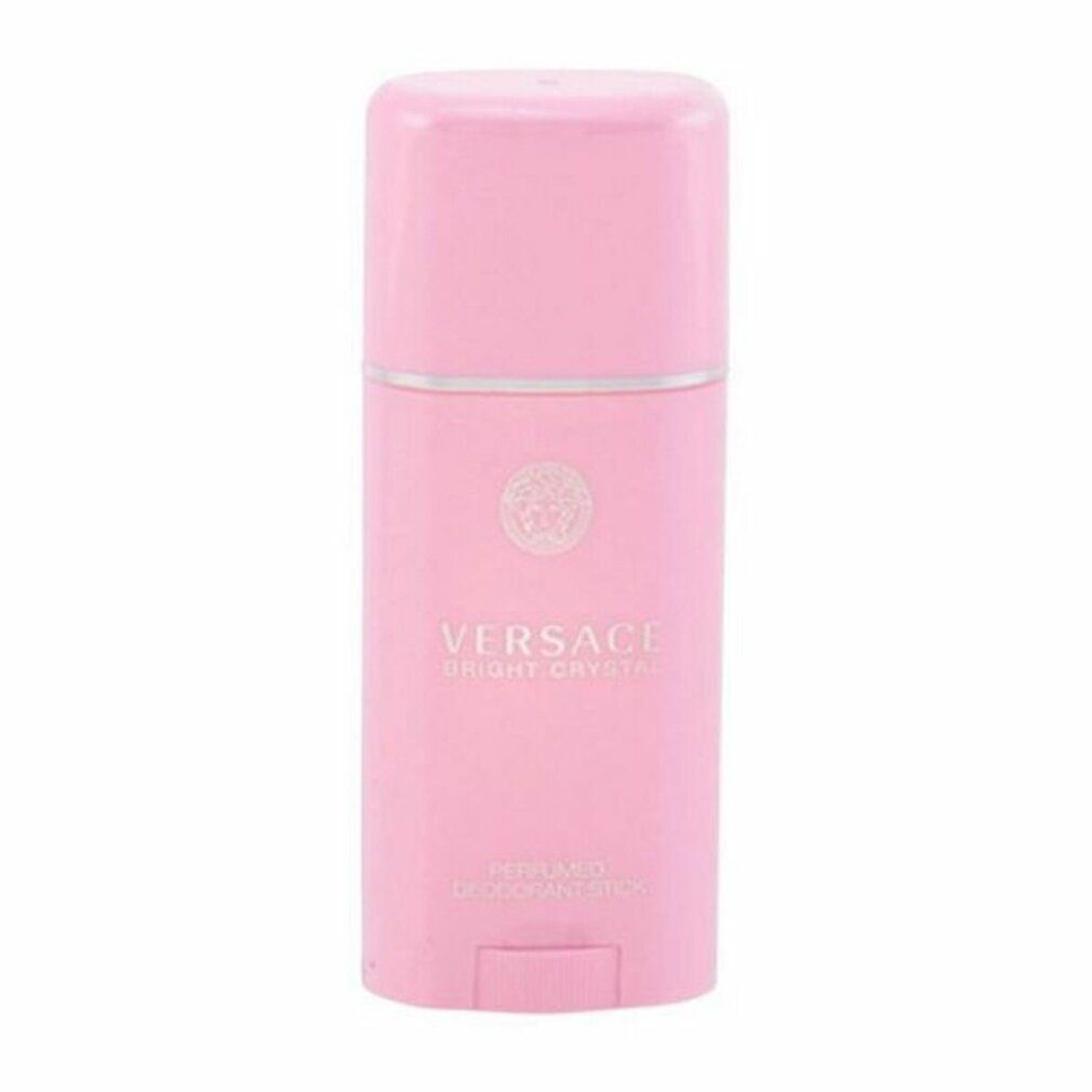 Rosa Deodorant-Stick. "Versace Bright Crystal" und "Perfumed Deodorant Stick" sind aufgedruckt. Mit silbernem Ring und Versace-Logo.
