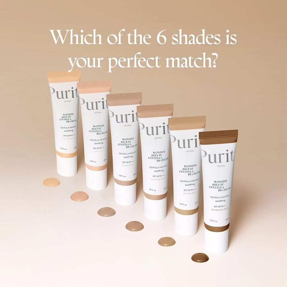 6 Tuben Wonder Releaf Centella BB Cream, verschiedene Farbtöne. Marke Purito. Farbkleckse darunter. Text: Welche der 6 Farbtöne passen?
