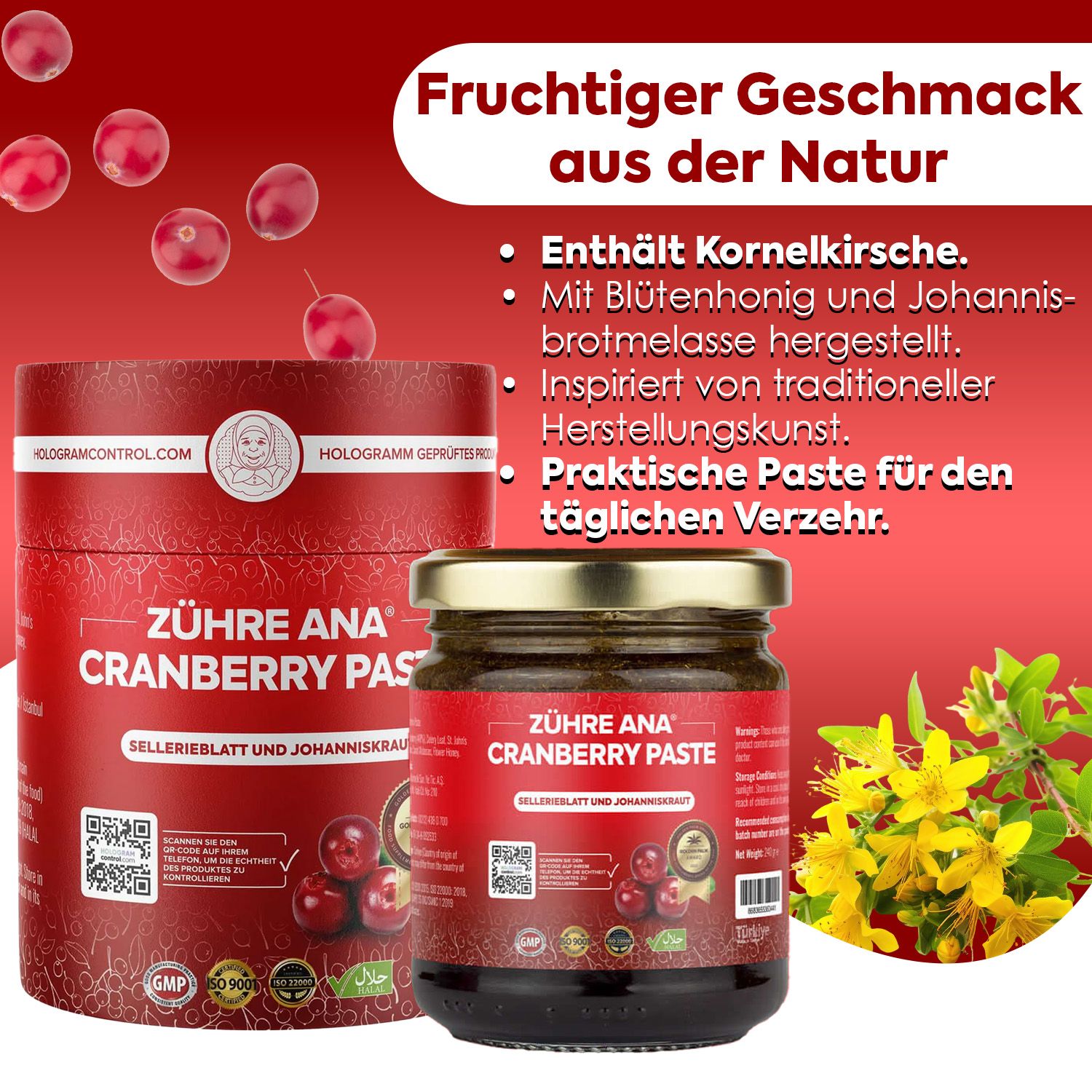 Glas Zühre Ana Cranberry Paste mit Zutatenliste und Cranberries.