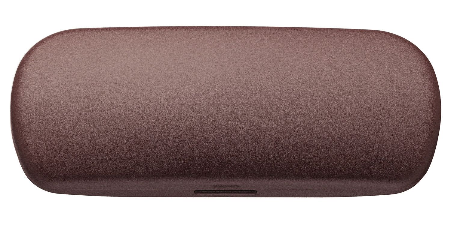 Braunes Kunststoff-Etui, rechteckig mit abgerundeten Ecken. Kleine Aussparung an der Unterseite.