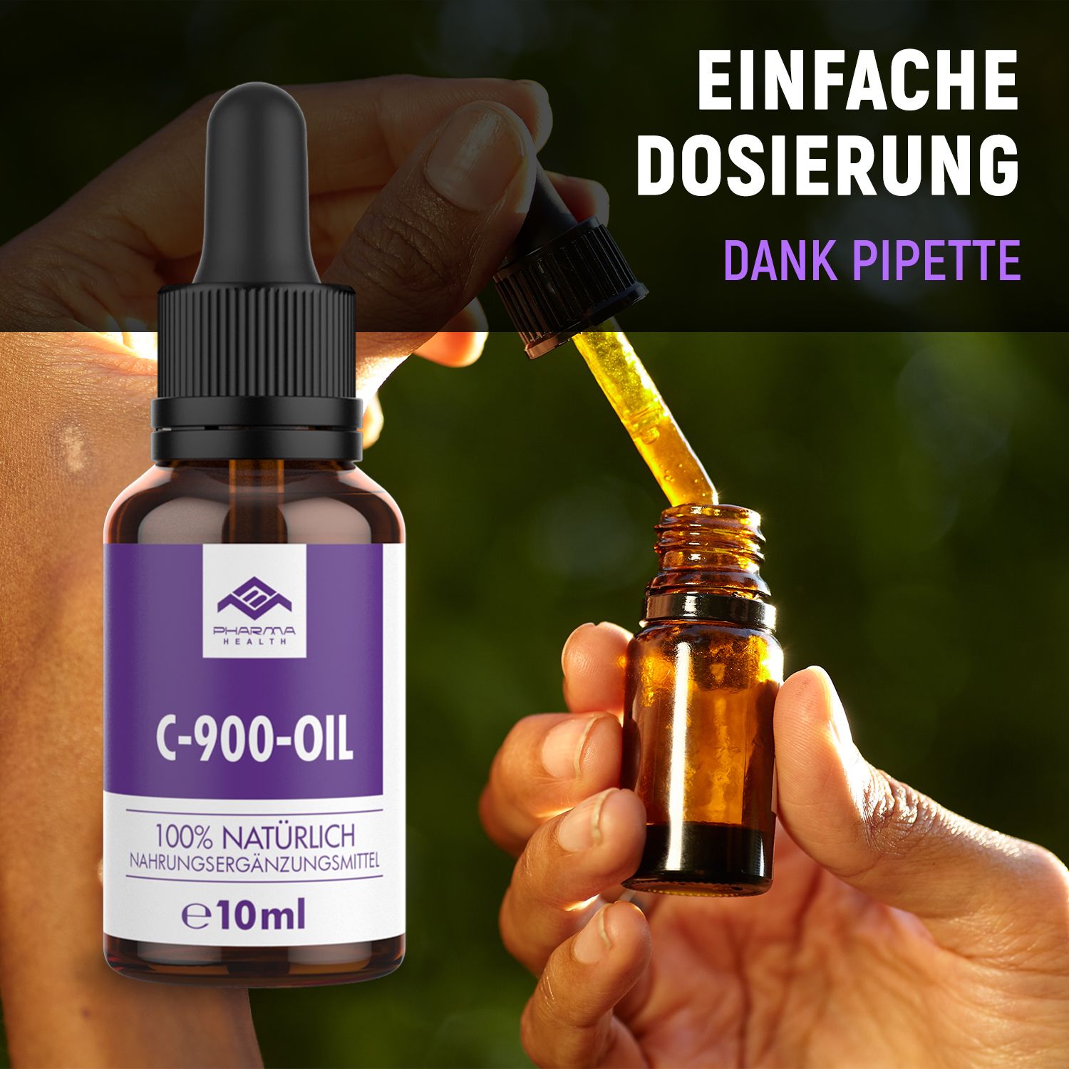 Produktflasche mit Pipette. Auf dem Etikett steht "C-900-OIL". Eine Hand tropft Öl in eine kleine Flasche.