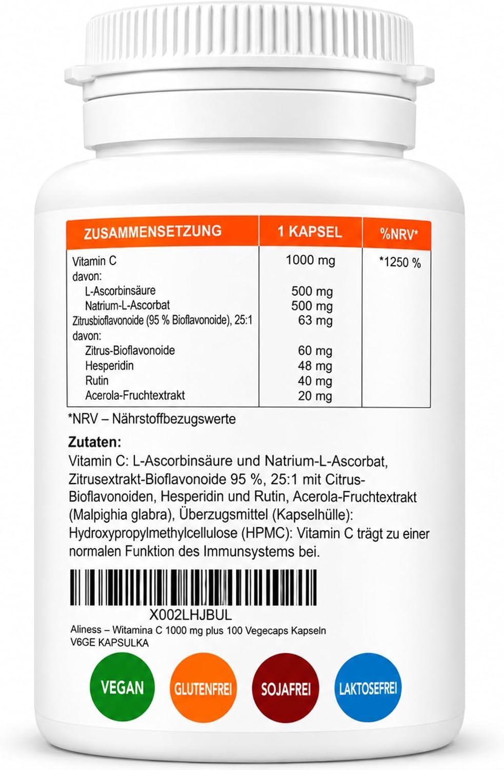 Flasche mit Vitamin C 1000 mg Plus, 100 Kapseln.