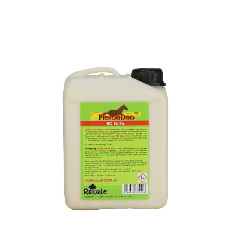 Behälter mit Griff und schwarzem Deckel. Etikett mit Produktnamen, Pferd-Illustration und Text. Grün-gelbes Etikett.