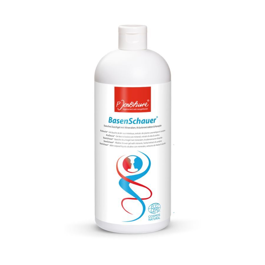 Weiße Flasche mit rotem Etikett. Aufschrift: Jentschura BasenSchauer. Logo mit zwei Personen. COSMOS NATURAL Zertifizierung.