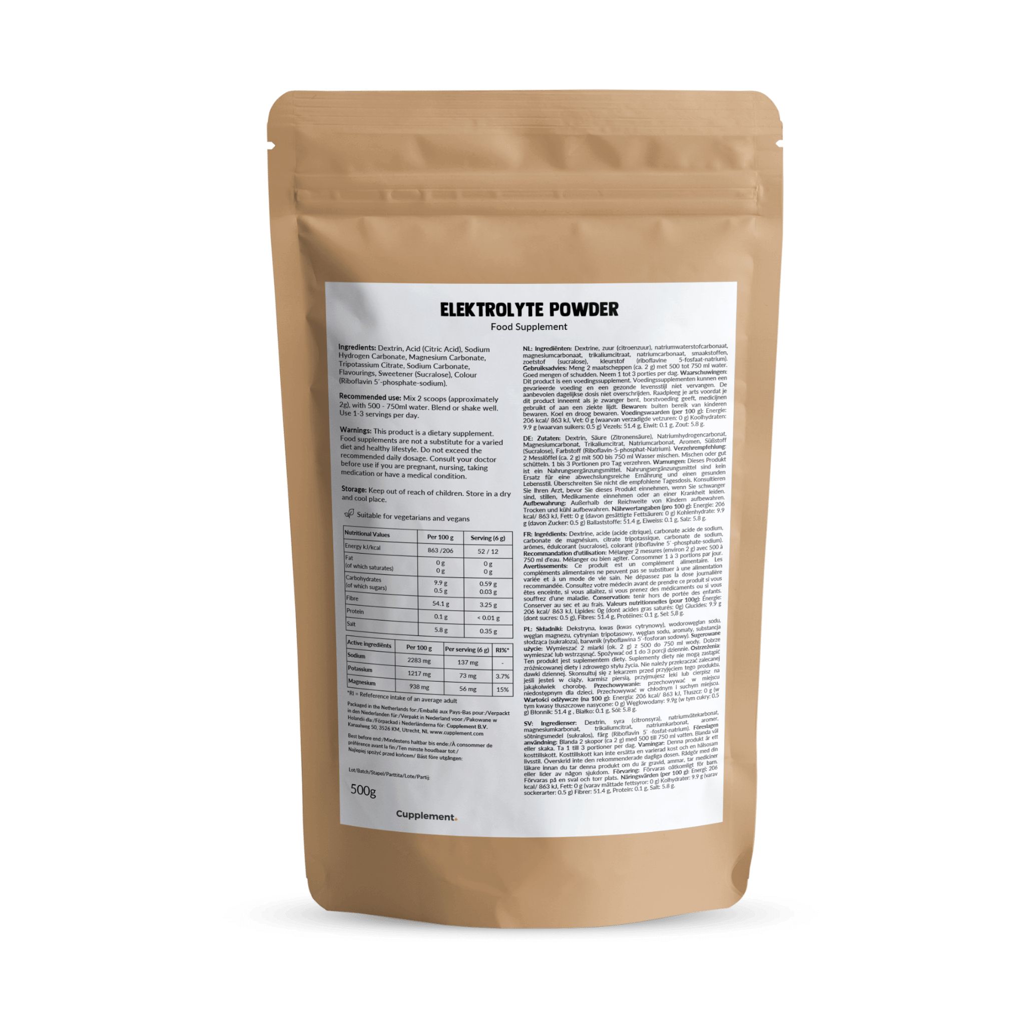 Rückseite der Cupplement Elektrolyte-Verpackung. Zutatenliste, Nährwertangaben und Anwendungshinweise sind aufgedruckt.
