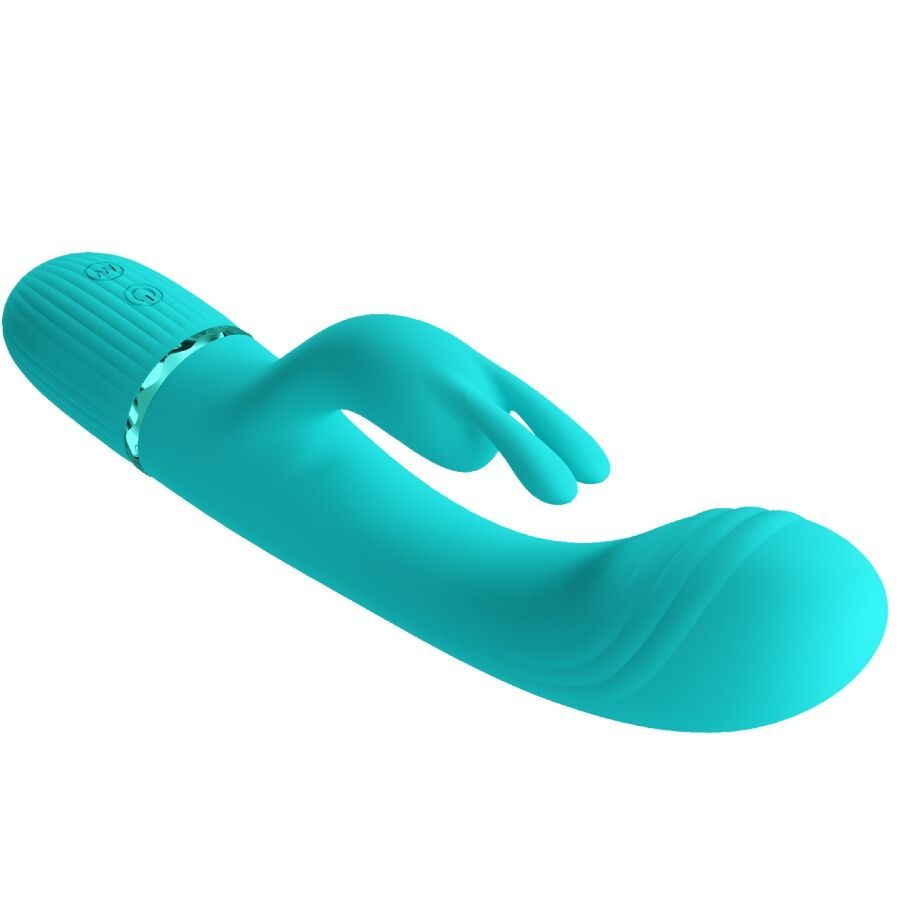 Türkiser Rabbit-Vibrator aus Silikon, schräg von hinten gezeigt, mit gebogener Form und zwei Stimulatoren.