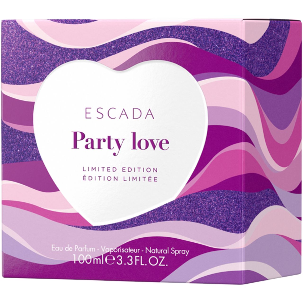 Verpackung mit ESCADA Party Love. Auf der Verpackung steht Eau de Parfum, Natural Spray, 100ml.