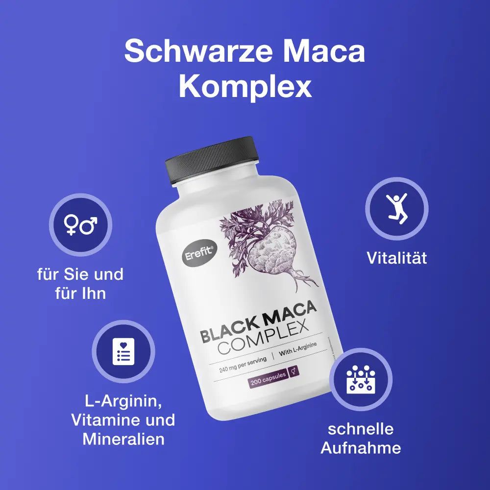 Flasche mit Black Maca Complex. Text: Schwarze Maca Komplex. 200 Kapseln. Symbole: Vitalität, L-Arginin, schnelle Aufnahme.