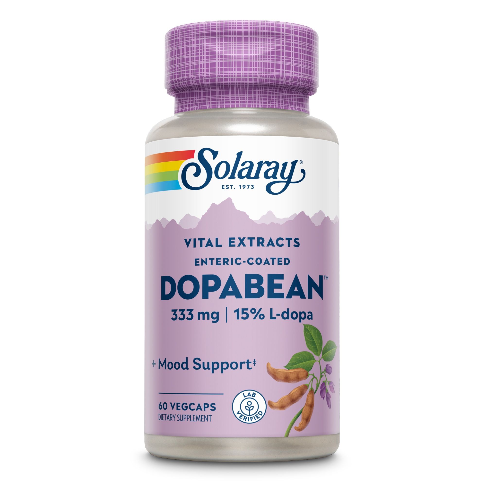 Solaray DopaBean-Flasche. Lila Deckel, weißes Etikett. Aufschrift: DopaBean, 333 mg, 15% L-dopa. 60 Vegicaps. Mit Lab-Zertifizierung.