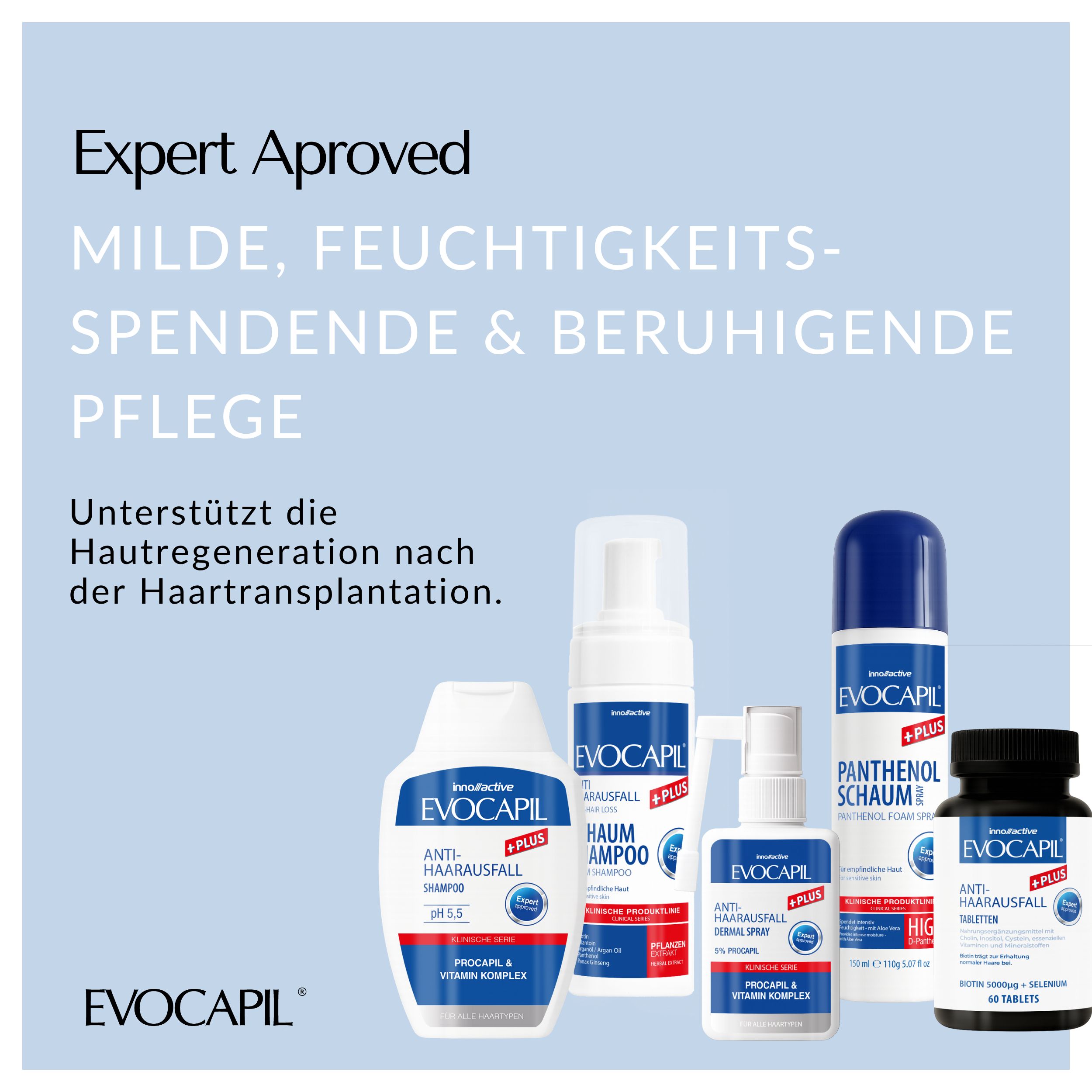 Verschiedene Produkte: Shampoo, Schaum, Spray, Tabletten. Text: Expert Aproved, milde, feuchtigkeitsspendende Pflege.