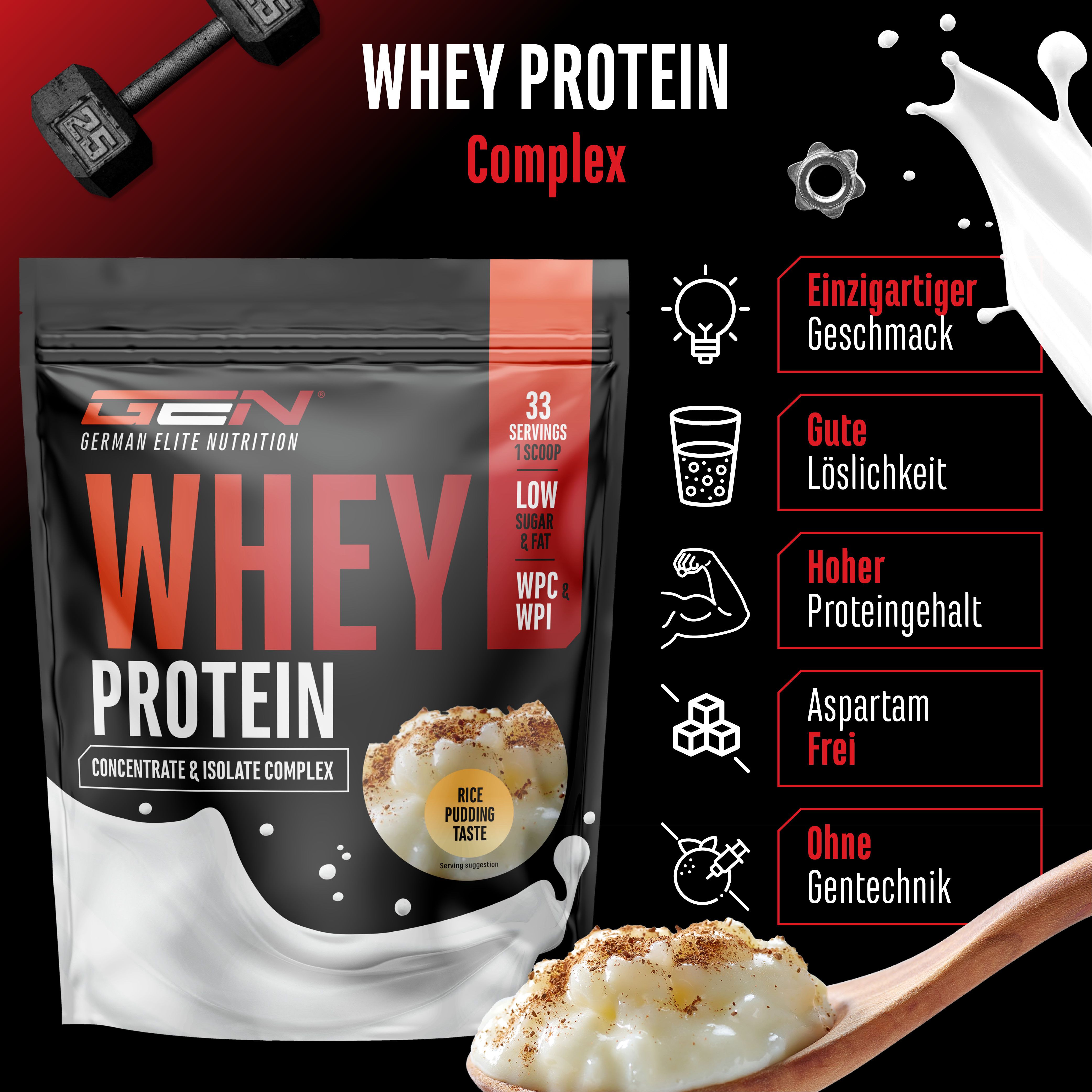 Schwarze Tüte mit „WHEY PROTEIN“ Aufdruck. Enthält 33 Portionen, WPC & WPI. Geschmack: Reis-Pudding. Zusätzliche Icons.